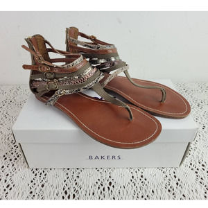 BAKERS Faux Snake Skin Gladiator Buckles Zip Sandals Flats Shoes Green Brown 7.5